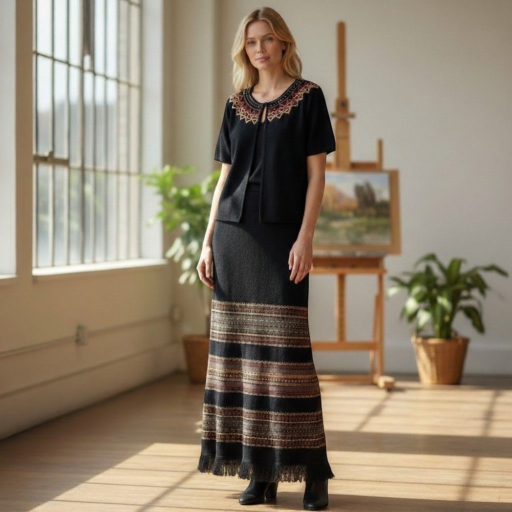 Double D Ranch Knit Sweater Skirt Set Womens Sz XL / Large Embroidered Beaded